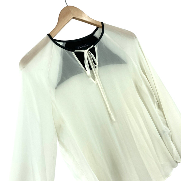 Kenneth Cole Blouse Top Womens Petite Small White Chiffon Drawstring V Neck - Picture 11 of 15